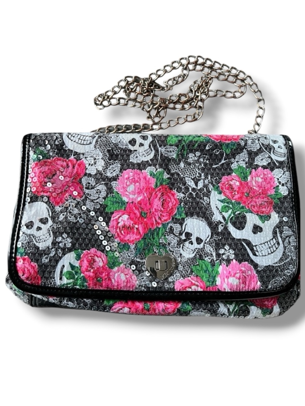 Betsey Johnson Sequin Skull Rose Chain Strap Crossbody Shoulder Flap Bag